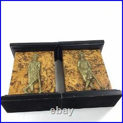 Vintage Pair of Golfer Bookends Brass Bas-relief Mid Century Modern