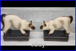 Vintage Rare Takahashi Crackle Siamese Crouching Cat Bookends San Francisco