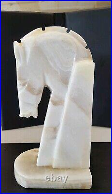 Vintage Set Of Art Deco Hand Craved Oynx Horse Head Bookends 8 Tall