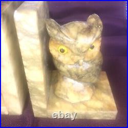 Vintage Set of (2) Glass Eyed Owls Alabaster Art Deco Bookends-Hand Carved-Italy