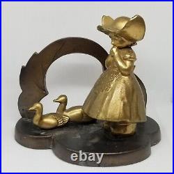 Vintage Signed Frankart Inc Art Deco Gold Brass Bookends Dutch Boy Girl Ducks