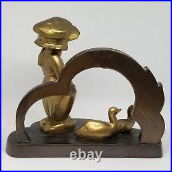 Vintage Signed Frankart Inc Art Deco Gold Brass Bookends Dutch Boy Girl Ducks