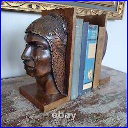 Vintage Wood Carved South American Bust Bookends Indigenous Peoples 9.5