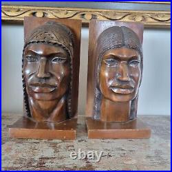 Vintage Wood Carved South American Bust Bookends Indigenous Peoples 9.5