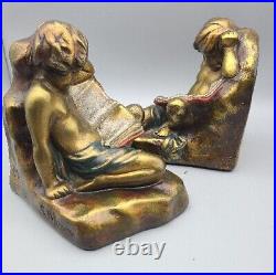 Vtg ART DECO S. MORANI Bronze Armour 2 Bookends Cherub Child Reclining Reading