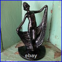Vtg Art Deco Nude Lady Nouveau Scarf Dancers #51 Antique Metal Bookends Statues