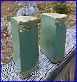 Vtg Art Deco Pair Green Tooled Gold Gilt Embossed Leather Half Moon Bookends