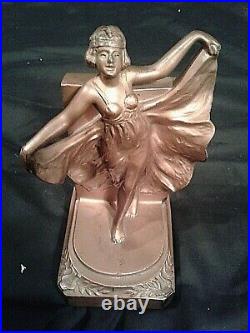 Vtg Loie Fuller Dancing Flapper Girl Art Deco Metal Bookends Circa 1927