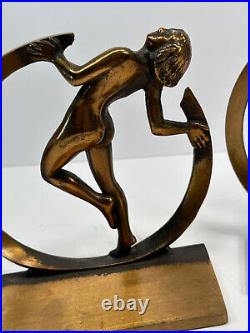 Vtg Pair (x2) Genuine Bronze Art Deco Nude Flapper Bookends