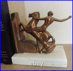 WARRIOR WOMAN & HORSE BOOKENDS Vintage Bronzed Metal on White Marble 1920s Nice
