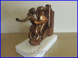 WARRIOR WOMAN & HORSE BOOKENDS Vintage Bronzed Metal on White Marble 1920s Nice