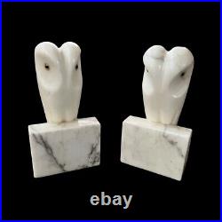 White Marble Alabaster Pair Owl Bookends Art deco Rare Modernist Midmodern