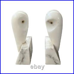 White Marble Alabaster Pair Owl Bookends Art deco Rare Modernist Midmodern