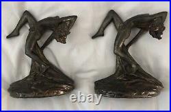 Wonderful & Rare 1927 Art Deco Dancing Nude Armor Bronze Bookends 7.25