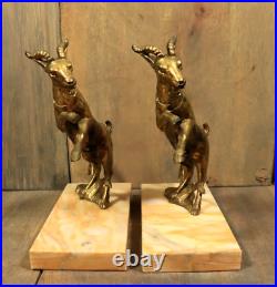 XL French Antique ART DECO Bookends Bronzed Spelter Goat Statue Marble Base Pair