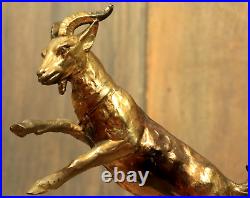 XL French Antique ART DECO Bookends Bronzed Spelter Goat Statue Marble Base Pair